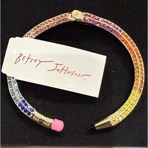 Betsey Johnson Hinged Rainbow Crystal Pave Pencil Clamper Bracelet NWT $78